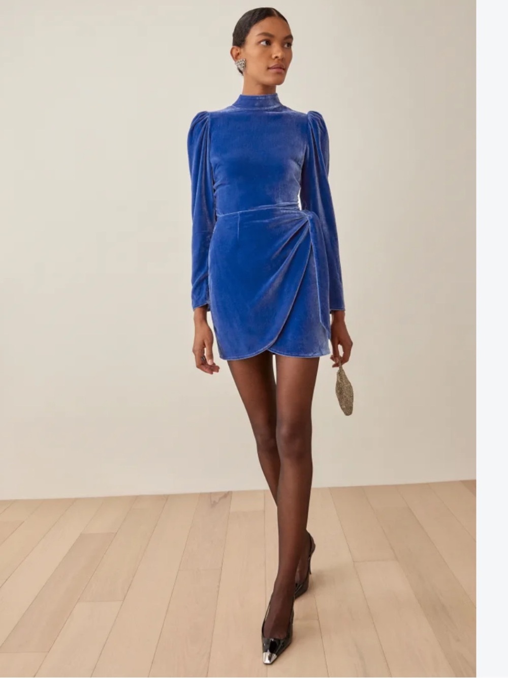 Reformation blue velvet mock neck wrap mini dress